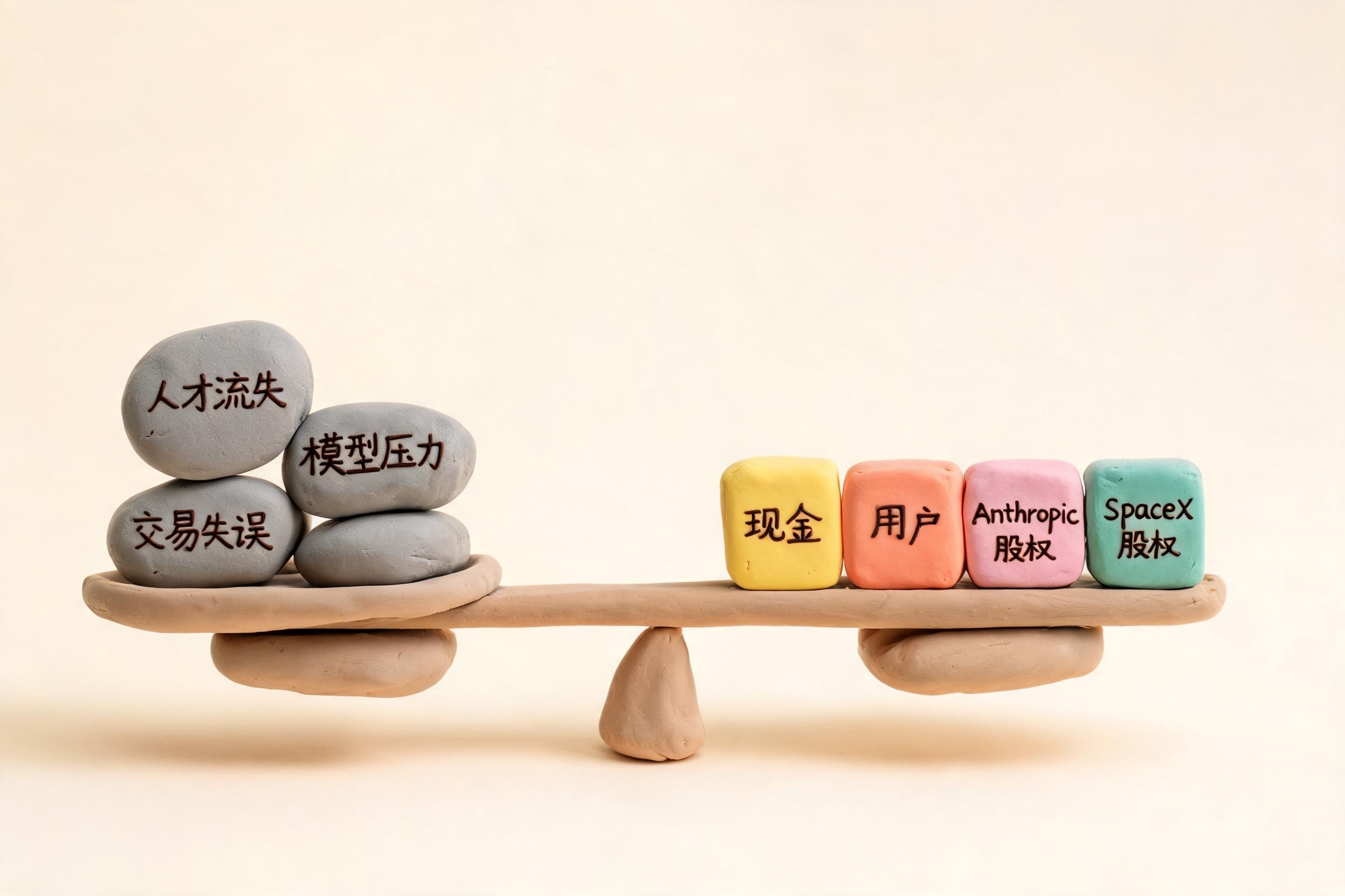 天平一端放着人才流失、模型压力和交易失误三块石头,另一端放着现金、用户、Anthropic 和 SpaceX 股权支柱,浅色背景的商业评论版橡皮泥平面信息图的统一风格。