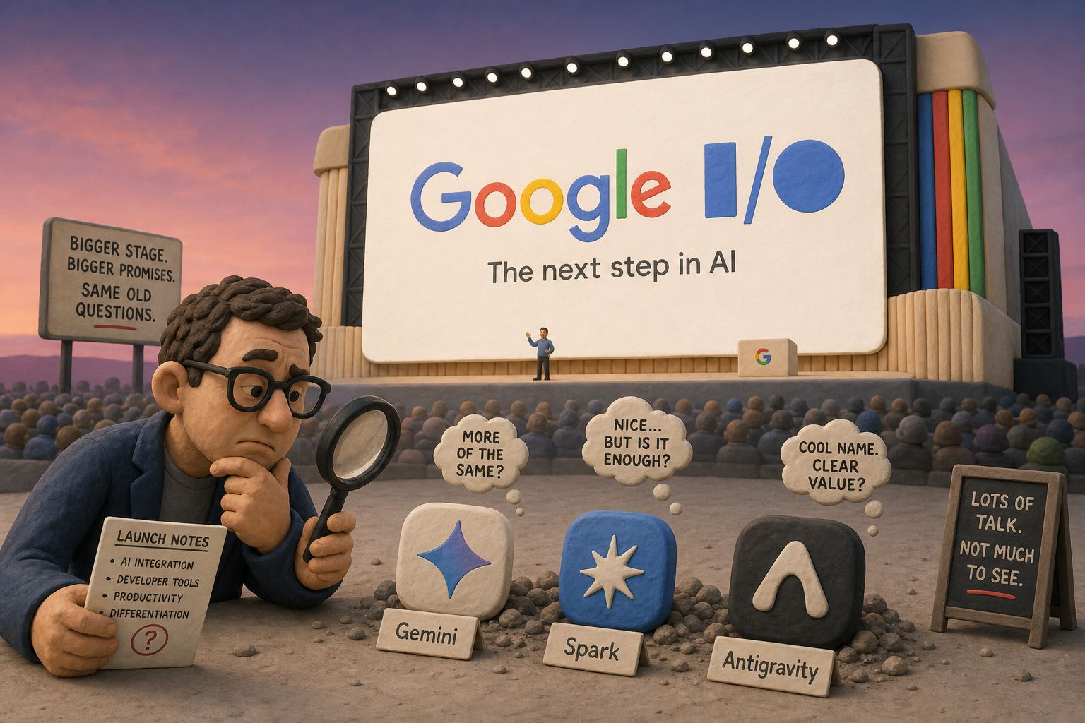 巨大的 Google I/O 舞台投影在黄昏色背景中,前景是一位评论者拿着讲稿和放大镜审视散落的 Gemini、Spark、Antigravity 图标,构图呈现“技术巨人与疲态发布会”的对照,浅色背景的商业评论版橡皮泥平面信息图的统一风格。