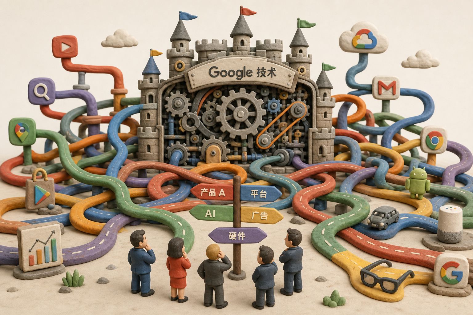 一座写着 Google 技术的坚固机器城堡内部齿轮精密运转,但外部多条产品路线互相缠绕打结,管理层小人站在分叉路牌前犹豫不决,浅色背景的商业评论版橡皮泥平面信息图的统一风格。