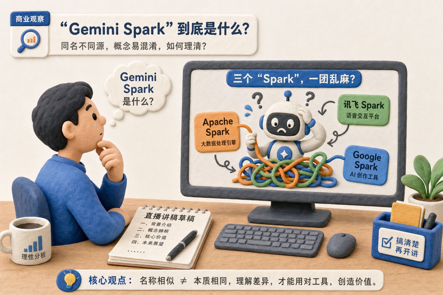 一个人坐在电脑前询问 Gemini Spark,屏幕里的机器人却把 Apache Spark、讯飞 Spark 和 Google Spark 三个标签混成一团,桌面上放着直播讲稿草稿,浅色背景的商业评论版橡皮泥平面信息图的统一风格。