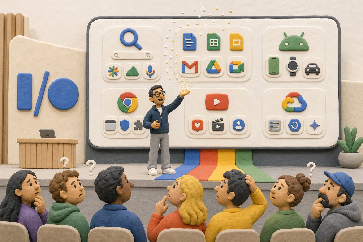 Google I/O 发布会大屏上同时挤满搜索、Workspace、安卓、Chrome、YouTube、Cloud 等图标,主持人站在中央撒出一把胡椒面般的小亮点,观众席人物露出困惑表情,浅色背景的商业评论版橡皮泥平面信息图的统一风格。