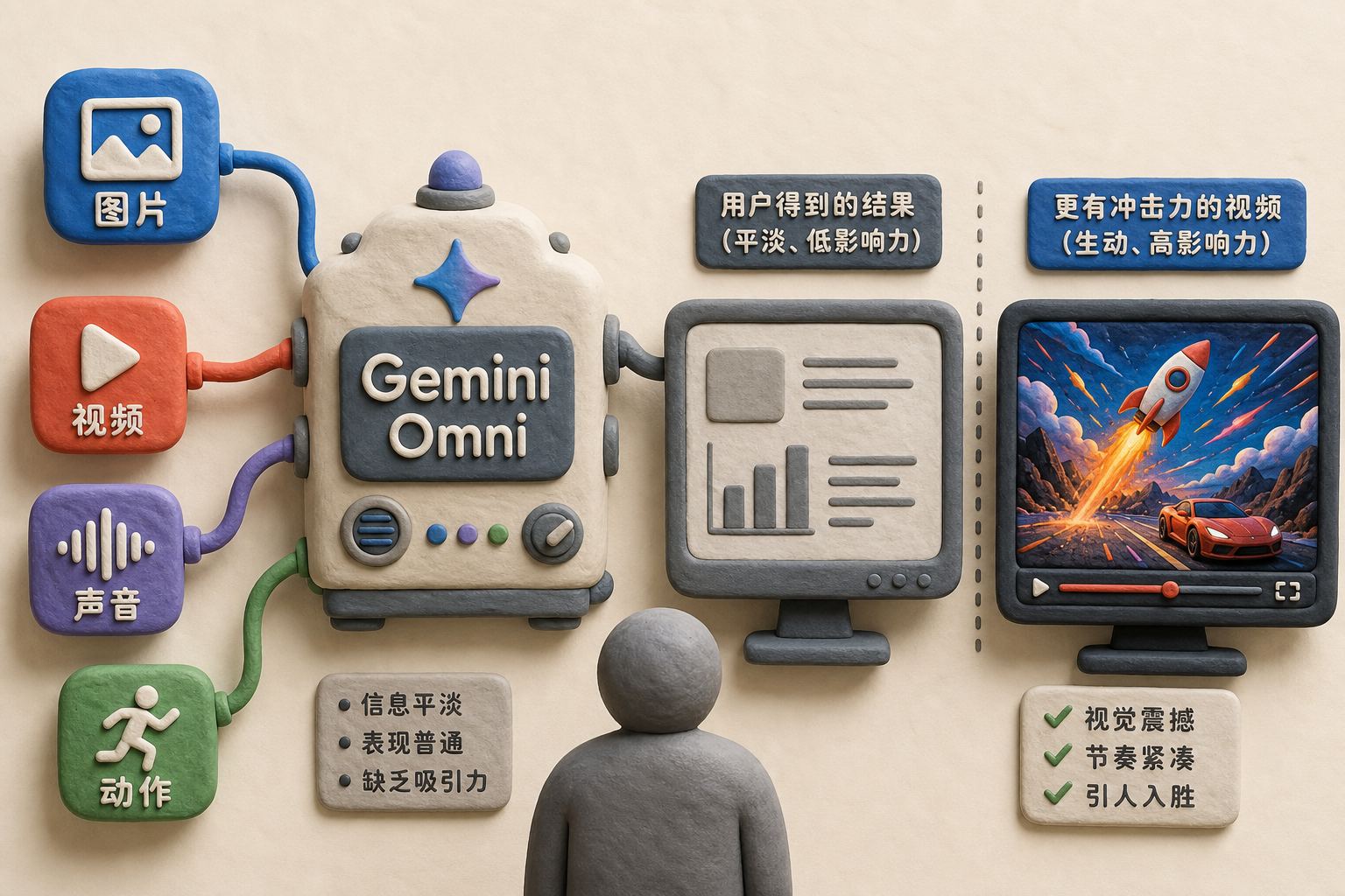 一个写着 Gemini Omni 的多模态机器核心连接图片、视频、声音和动作四个彩色模块,但用户面前的输出屏幕平淡无趣,旁边另一块屏幕播放更有冲击力的视频画面,浅色背景的商业评论版橡皮泥平面信息图的统一风格。