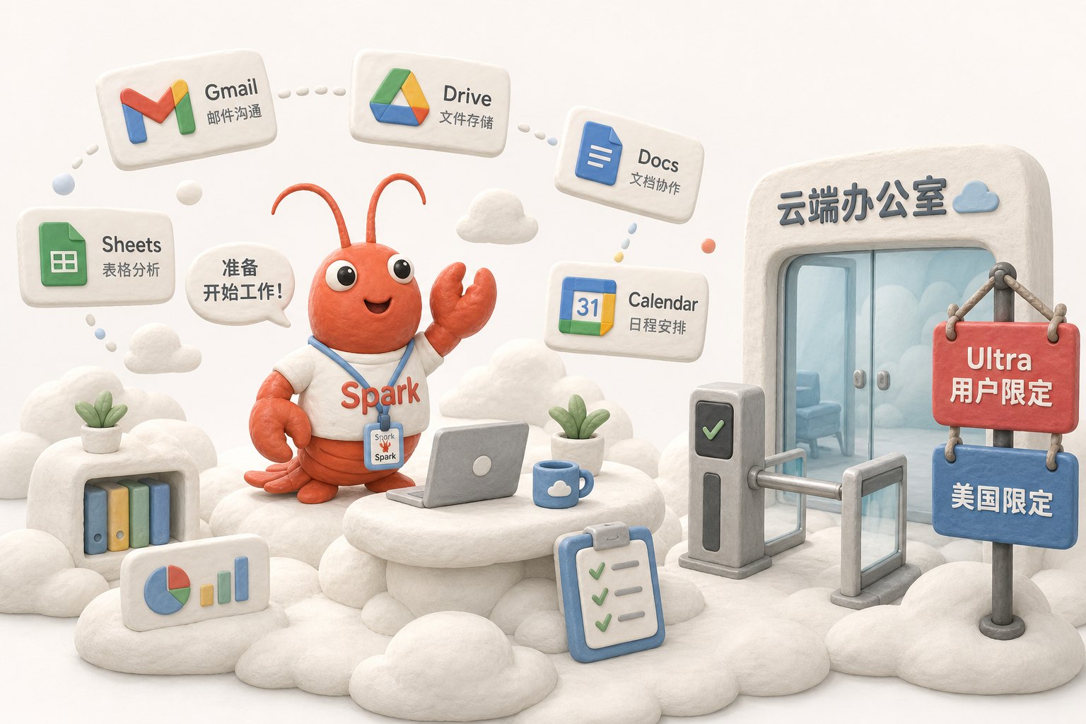 云端办公室里漂浮着 Gmail、Drive、Docs、Sheets 和日历文件,一个写着 Spark 的小龙虾智能体站在云上准备工作,但门口有“Ultra 用户限定”和“美国限定”的门禁牌,浅色背景的商业评论版橡皮泥平面信息图的统一风格。