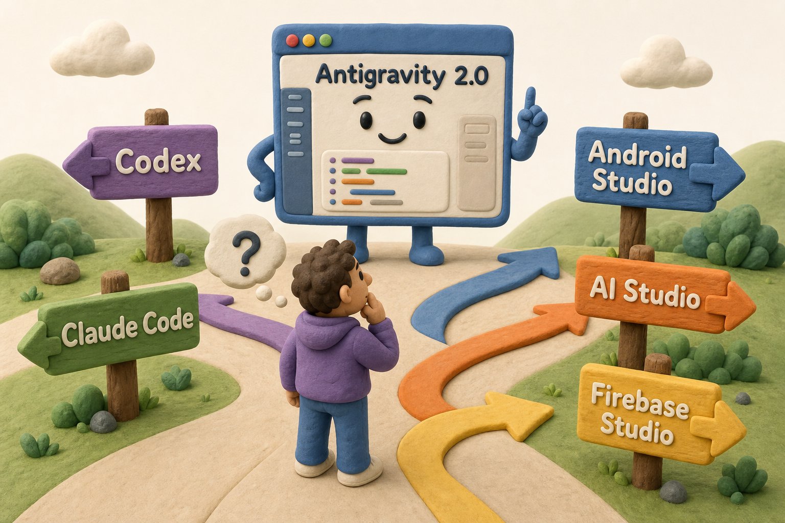 一个写着 Antigravity 2.0 的应用窗口站在十字路口,周围 Codex、Claude Code、Android Studio、AI Studio、Firebase Studio 多个入口牌子互相争抢箭头,用户站在中间不知该点哪一个,浅色背景的商业评论版橡皮泥平面信息图的统一风格。