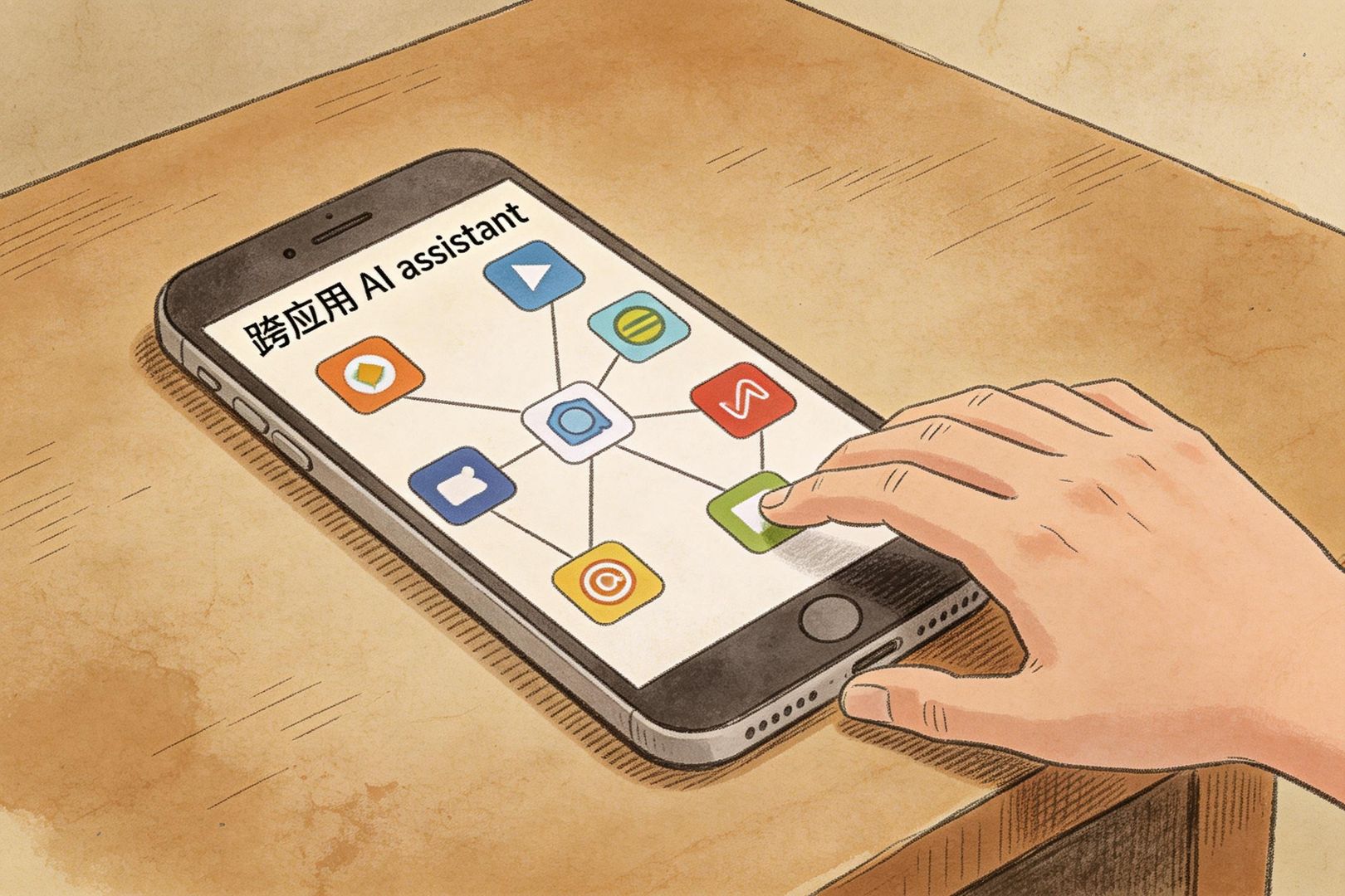 一张复古羊皮纸风格的插画：桌上摊开一部智能手机，屏幕上有“跨应用 AI assistant”字样与多个APP图标被线条连接，旁边一只手犹豫地伸向屏幕，暗示“能不能摸”的争议，羊皮纸，钢笔彩色手绘的统一风格。