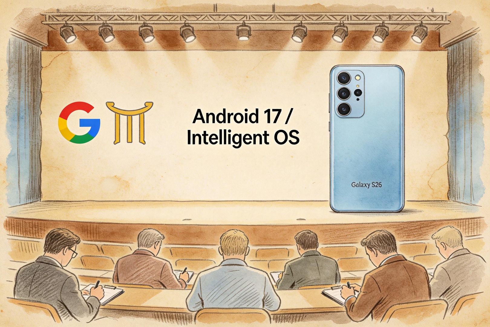 复古羊皮纸插画:发布会舞台上写着“Android 17 / Intelligent OS”,左侧是谷歌标志与Gemini图形,右侧是三星Galaxy S26手机特写,台下观众席中几位手机厂商代表在记笔记,羊皮纸,钢笔彩色手绘的统一风格。