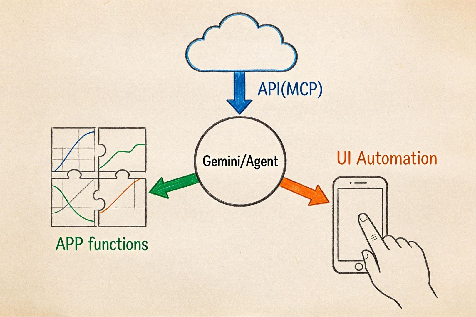 羊皮纸插画:一张技术示意图,中央是“Gemini/Agent”圆形节点,向外分三条路径:服务器API(MCP)的云端箭头、APP functions的模块接口拼图、UI Automation的手指点击手机屏幕,三条路径用不同颜色标注,羊皮纸,钢笔彩色手绘的统一风格。