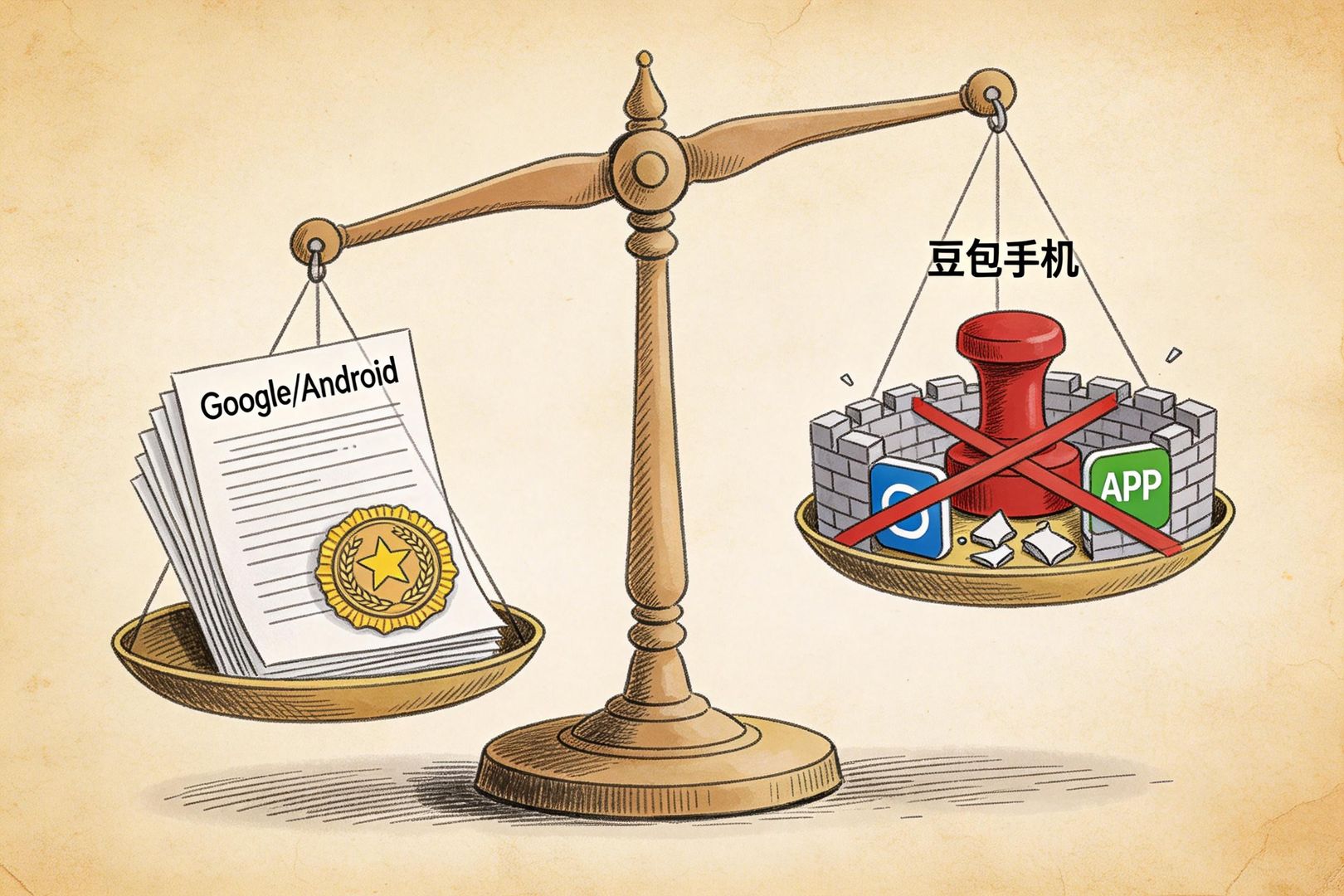 羊皮纸插画:一架天平,左盘放着“Google/Android”与一叠协议文件、信誉徽章,右盘放着“豆包手机”与被封禁的红色印章、破碎的APP图标围墙,天平明显倾斜,羊皮纸,钢笔彩色手绘的统一风格。