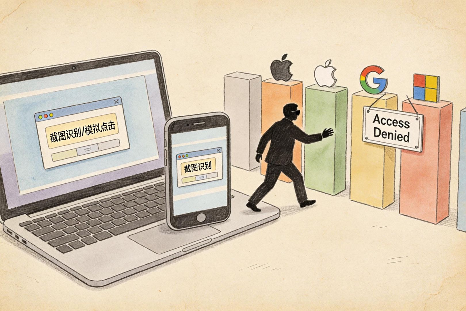 羊皮纸插画:一台笔记本电脑与一部手机并排,屏幕上有“截图识别/模拟点击”的小窗口;旁边是一位戴墨镜的企业家剪影伸手想跨设备操作,前方却立着苹果、谷歌、微软形状的高墙与“Access Denied”标牌,羊皮纸,钢笔彩色手绘的统一风格。