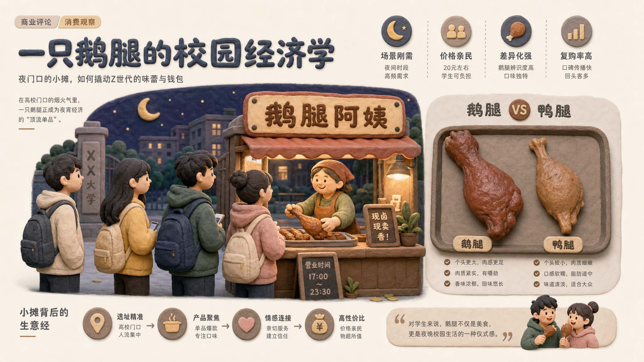 夜色校园门口的小摊前排着学生,招牌写着鹅腿阿姨,旁边一只鹅腿和一只鸭腿被放在同一个托盘上形成对照,浅色背景的商业评论版橡皮泥平面信息图的统一风格。