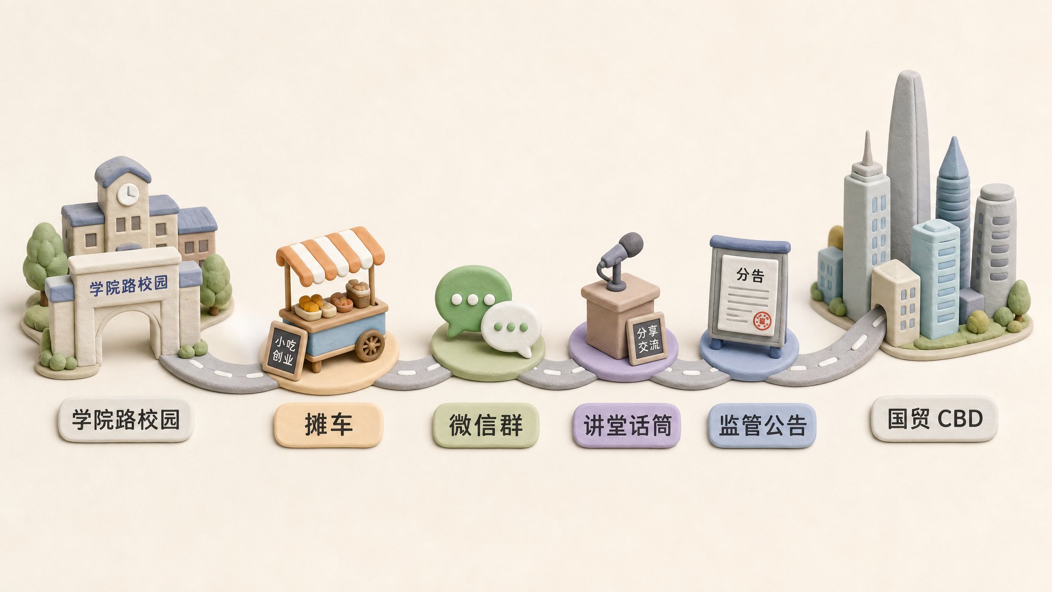 从学院路校园到国贸 CBD 的路线时间轴上摆着摊车、微信群气泡、讲堂话筒和监管公告,浅色背景的商业评论版橡皮泥平面信息图的统一风格。
