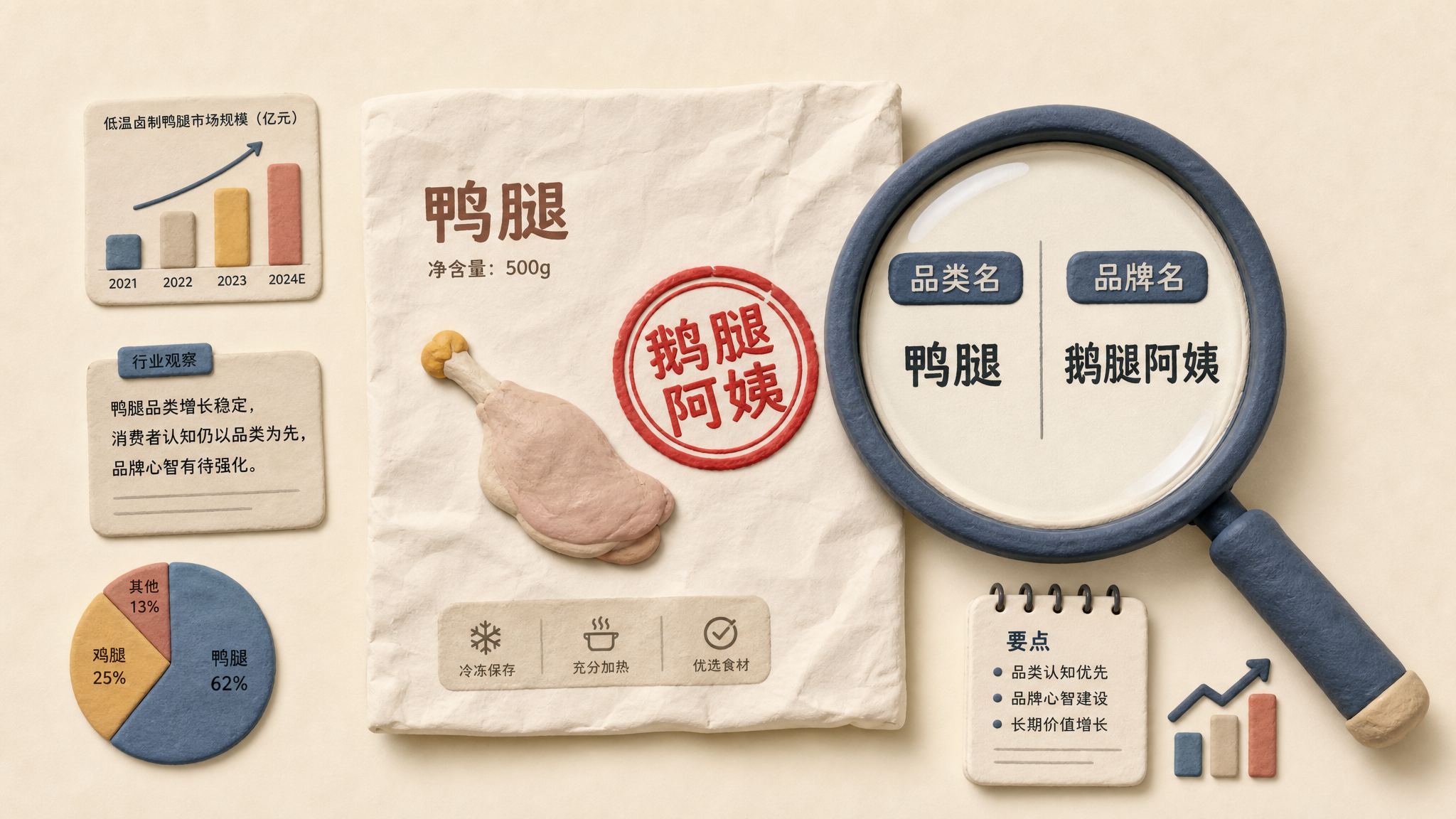 一枚写着鹅腿阿姨的商标章盖在鸭腿包装纸上,旁边的放大镜把品类名和品牌名分成两栏,浅色背景的商业评论版橡皮泥平面信息图的统一风格。