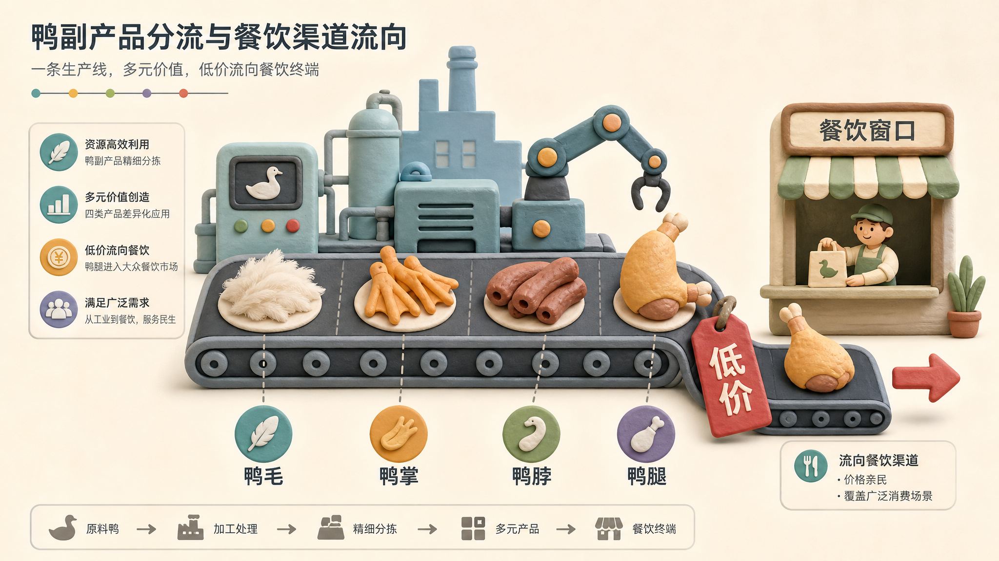 大型工厂传送带上同时分出鸭毛、鸭掌、鸭脖和鸭腿,鸭腿被低价标签推向餐饮窗口,浅色背景的商业评论版橡皮泥平面信息图的统一风格。