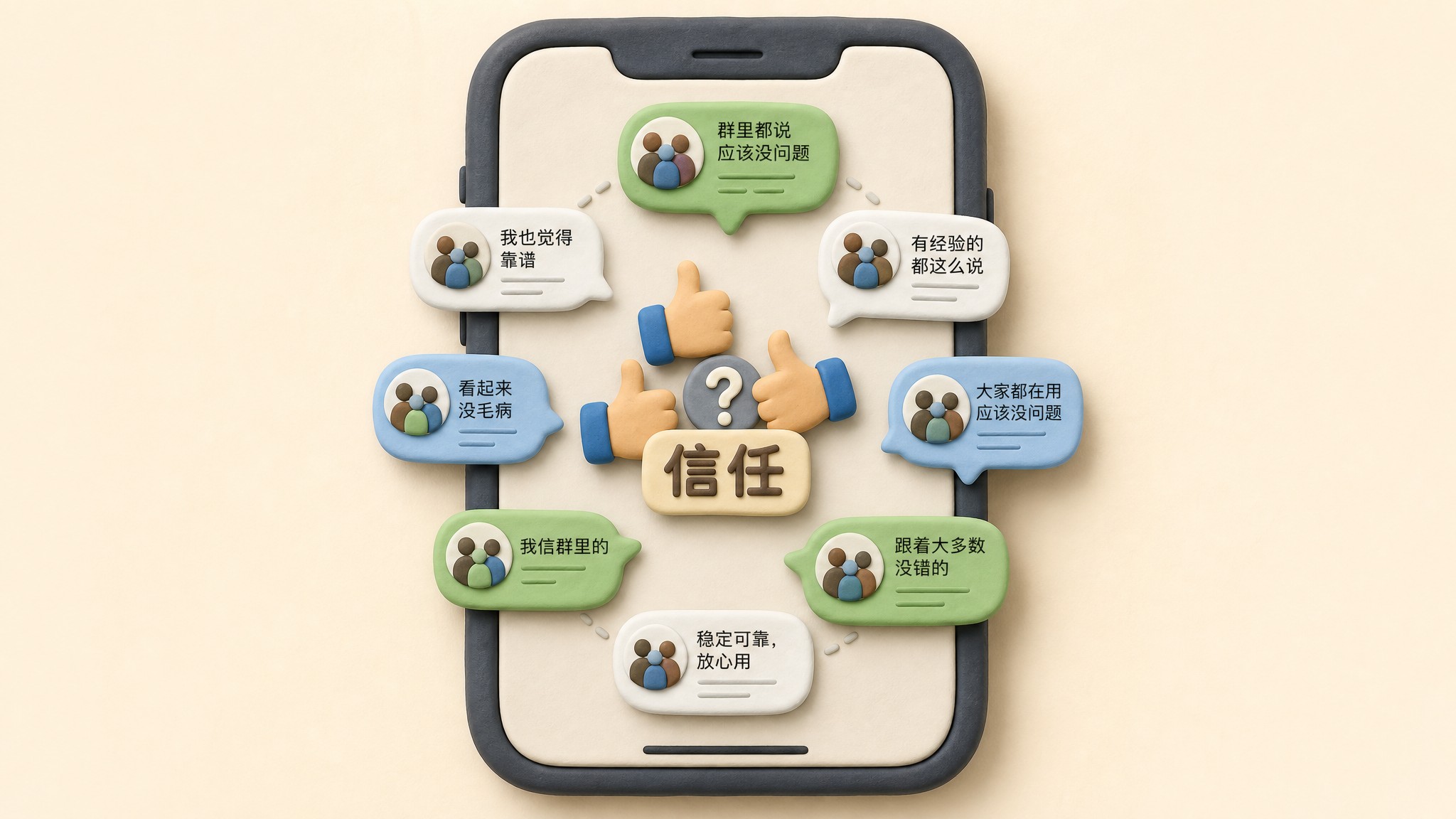 手机屏幕里的微信群气泡围成一圈,中间一个小小的质疑问号被点赞和信任标签压住,浅色背景的商业评论版橡皮泥平面信息图的统一风格。