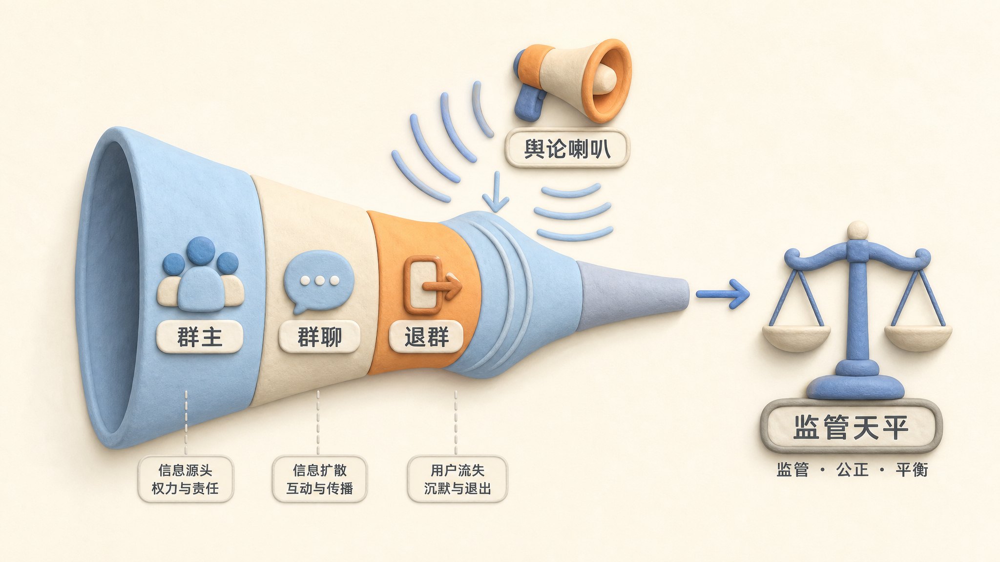 举报流程像漏斗一样从群主、群聊、退群一路变窄到监管天平,旁边有舆论喇叭让漏斗重新变宽,浅色背景的商业评论版橡皮泥平面信息图的统一风格。