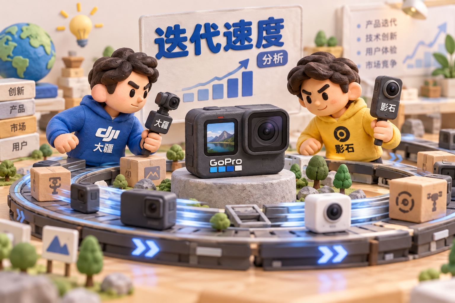 微缩桌面中央是一台带有GoPro品牌短标签的运动相机,旁边两位立体橡皮泥人物分别拿着标有“大疆”和“影石”的小型拍摄设备,桌面延伸为快速转动的产品迭代轨道;画面表现商业竞争的分析视角,不暗示交易参与关系
