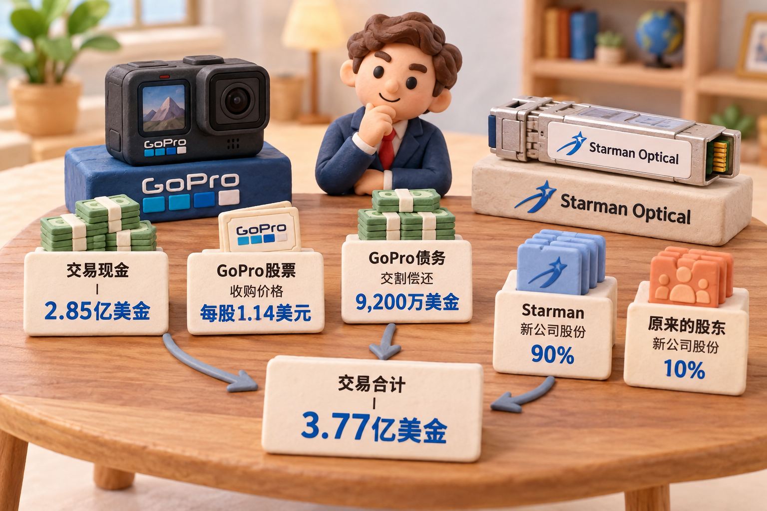 一位立体橡皮泥小股东站在微缩交易桌前,桌面一边是GoPro运动相机,另一边是标有Starman Optical的光模块道具,现金和股份以分开的实体小牌呈现,箭头仅表示原文所述交易安排;可见事实元素:数据:交易现金|金额=2.85亿美金