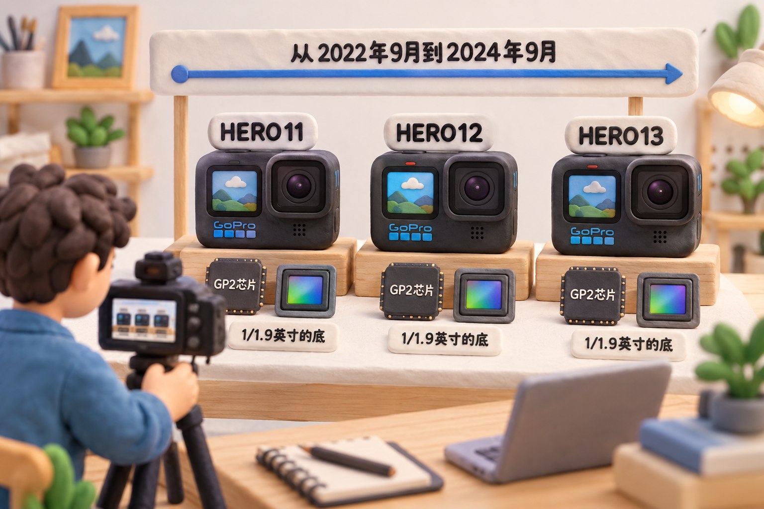 微缩工作台上依次摆放三台立体橡皮泥GoPro运动相机,道具上的芯片与传感器以同款立体小零件重复出现,旁边的拍摄者望向短视频场景,表现原文关于产品节奏的分析;可见事实元素:数据:HERO11、HERO12、HERO13|时间=从2022年9月到2024年9月