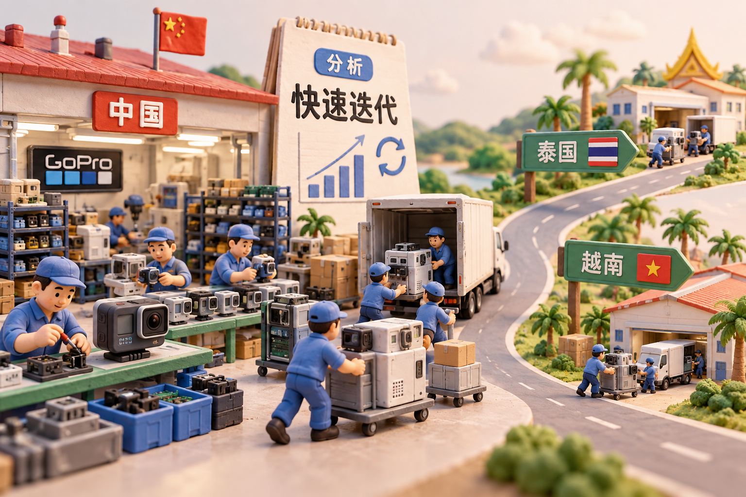 微缩橡皮泥供应链工坊中,一端是紧凑摆放的中国零件、装配与小批量生产道具,另一端是通向泰国和越南的搬迁道路,工人正在搬运设备;构图表达文章对迭代速度的分析,不增加地理距离或成本数据