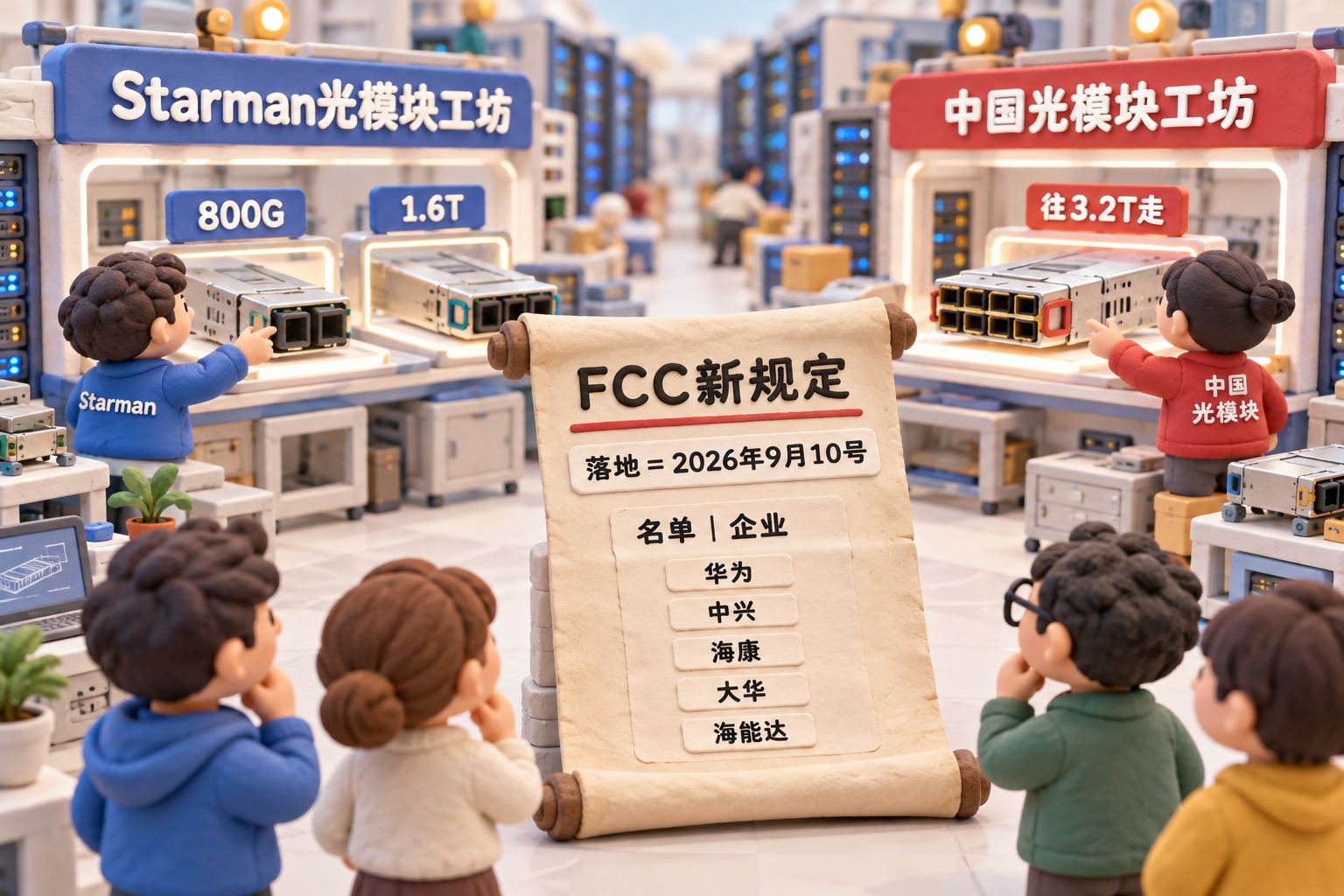 微缩立体橡皮泥数据中心内,Starman光模块工坊与中国光模块工坊分列两侧,前景放置FCC名单卷轴,橡皮泥人物观察不同速率的模块;画面保留原文限定与设问,不画成已生效的全面禁令