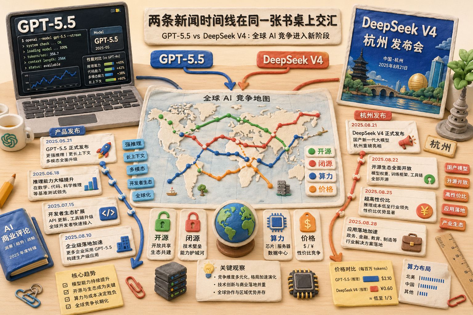 两条新闻时间线在同一张书桌上交汇，一侧是写着GPT-5.5的现代终端界面，另一侧是写着DeepSeek V4的杭州发布海报，中央摊开的全球AI竞争地图上标出开源、闭源、算力与价格四条路线，羊皮纸，钢笔彩色手绘的统一风格。
