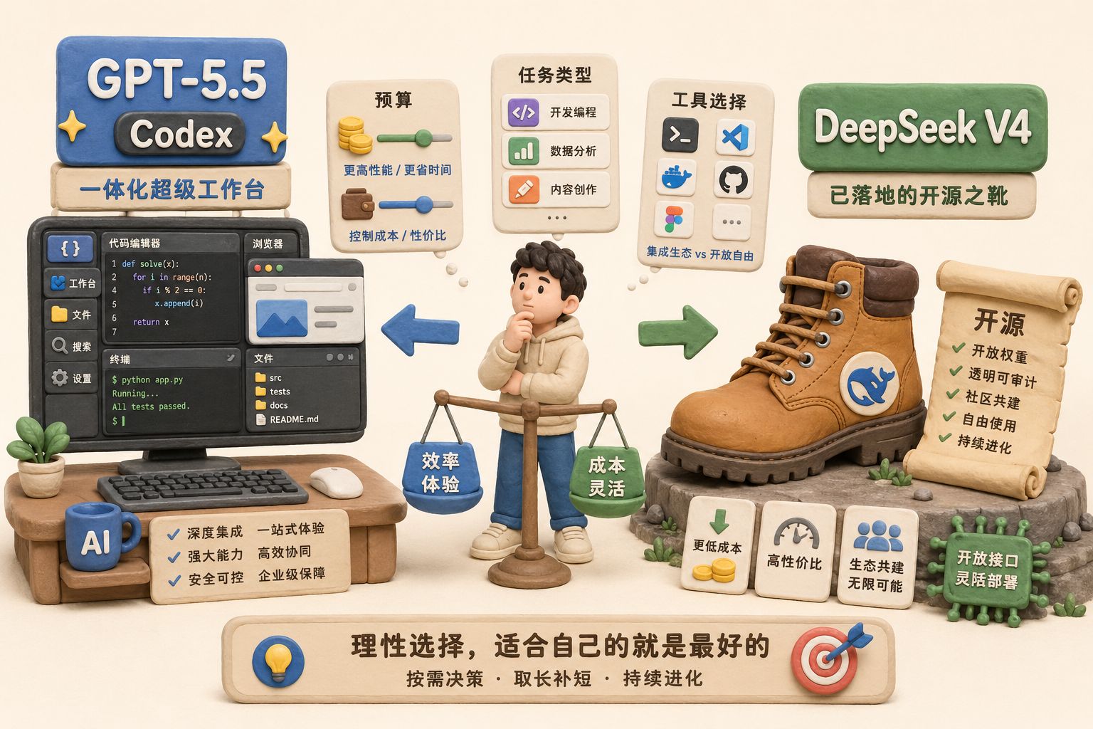 一张收束全篇的总结画面，左侧是标着GPT-5.5与Codex的超级App工作台，右侧是落地后的DeepSeek V4靴子和开源卷轴，中间站着一位普通用户在预算、任务类型与工具选择之间做权衡，羊皮纸，钢笔彩色手绘的统一风格。