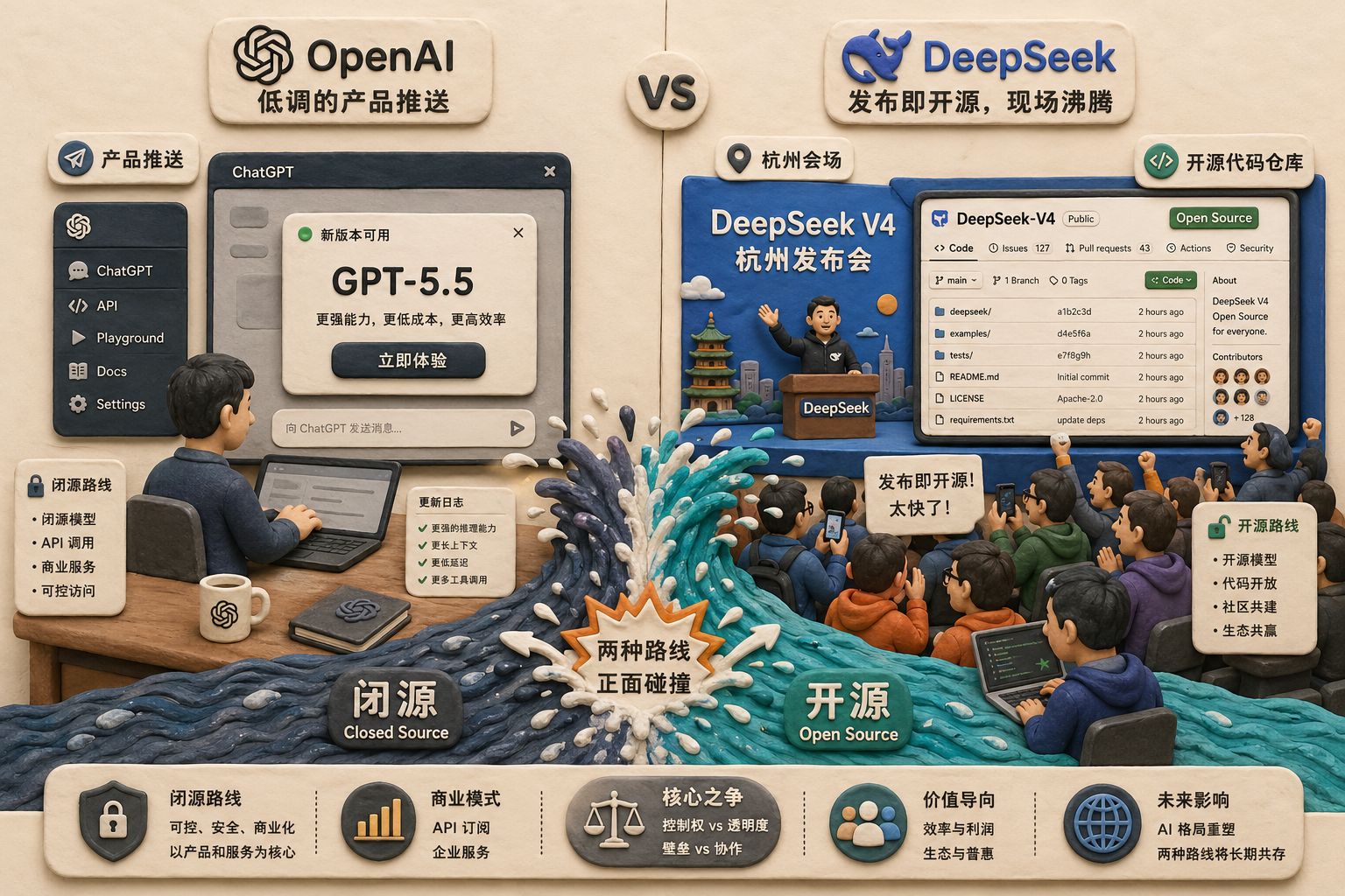 对比式双联画面，左边是低调无舞台的OpenAI产品推送界面直接弹出GPT-5.5，右边是杭州会场中DeepSeek V4发布后立刻开源的代码仓库页面与人群，开源与闭源像两股河流正面相撞，羊皮纸，钢笔彩色手绘的统一风格。