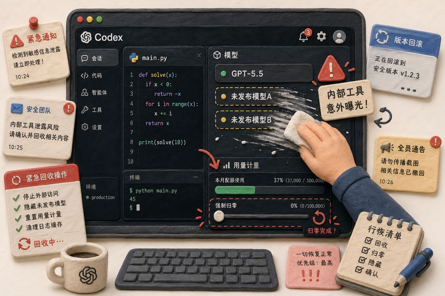 昏暗的开发者界面中，一个Codex应用窗口意外露出GPT-5.5和两个未发布模型名称，随后一只手迅速把标签抹去，旁边计量条被重置归零，像一场仓促回收行动，羊皮纸，钢笔彩色手绘的统一风格。