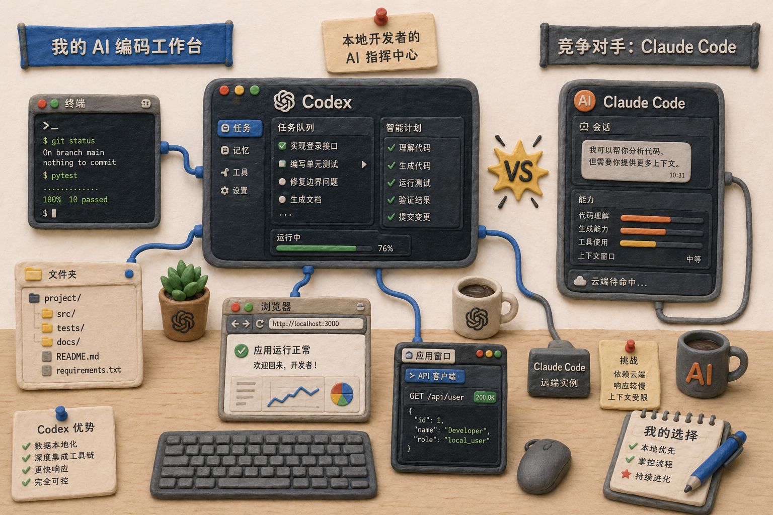 一台电脑前展开的本地工作台，Codex像中枢一样连接终端、浏览器、文件夹和应用窗口，另一侧隐约可见Claude Code的竞争身影，两者像在同一张操作台上对峙，羊皮纸，钢笔彩色手绘的统一风格。