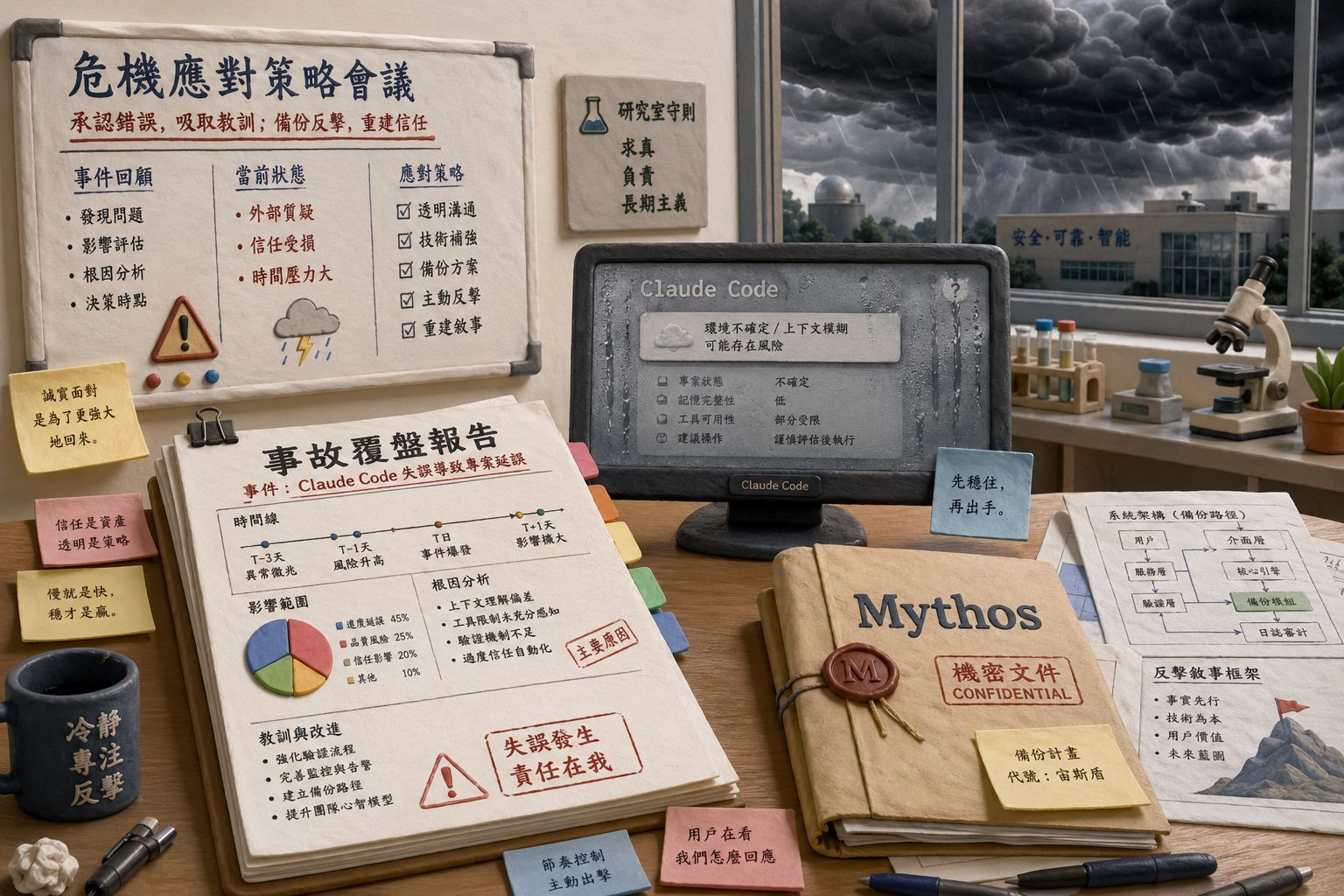 一间研究实验室的长桌上摆着事故调查报告、带雾气的Claude Code界面和写着Mythos的密封文件夹，窗外风暴将至，既有承认失误的尴尬，也有准备后手反击的紧张气氛，羊皮纸，钢笔彩色手绘的统一风格。