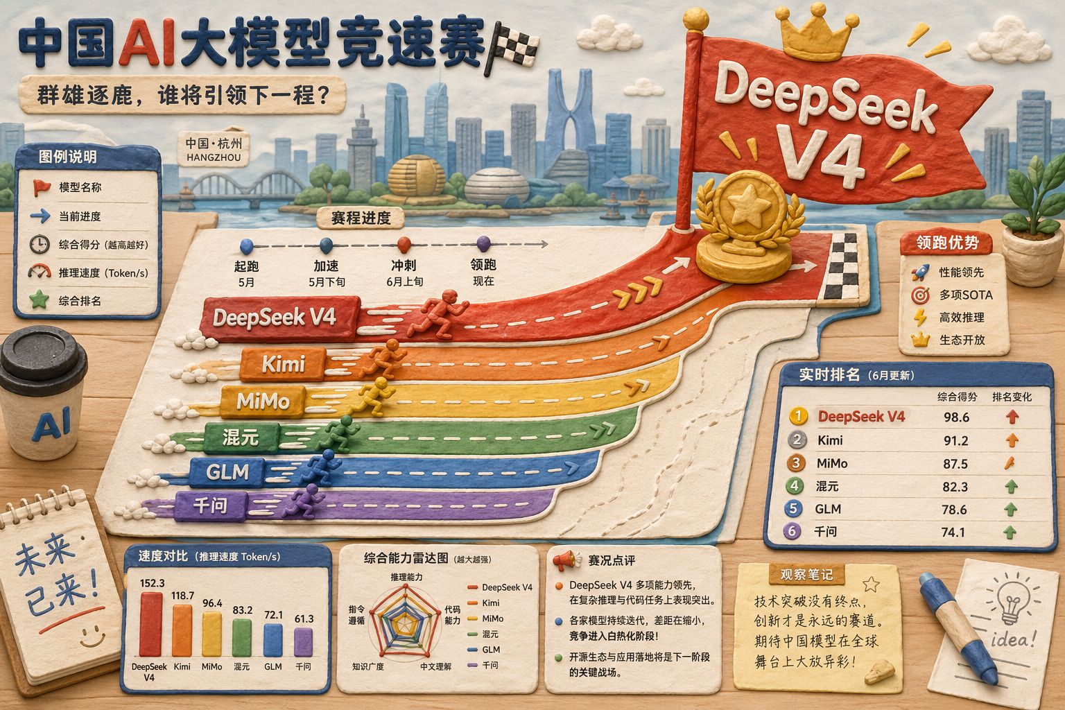 一张中国AI模型竞速图铺在桌面，Kimi、MiMo、混元、GLM、千问等名字像赛道上的选手向前冲，而DeepSeek V4以最醒目的旗帜成为焦点，背景隐约是杭州城市天际线，羊皮纸，钢笔彩色手绘的统一风格。