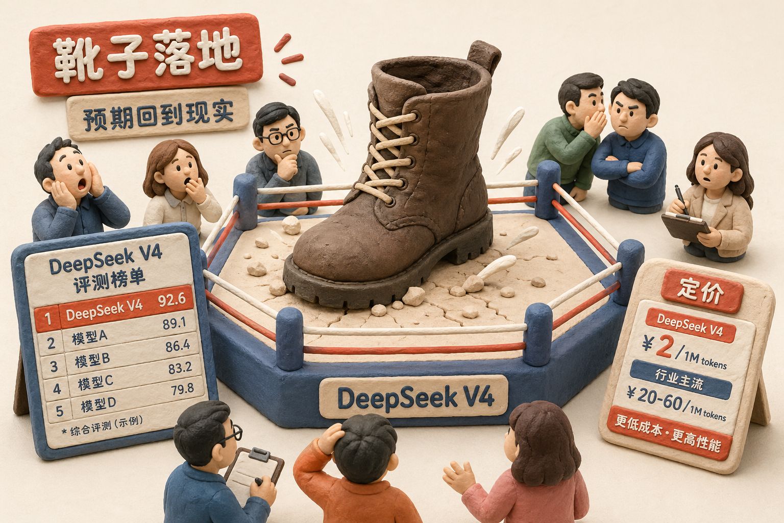 一只高悬许久的靴子终于落在擂台中央，四周围观者原本充满期待，落地后有人惊叹有人沉思，擂台边放着DeepSeek V4的评测榜单与价格牌，象征预期回到现实，羊皮纸，钢笔彩色手绘的统一风格。