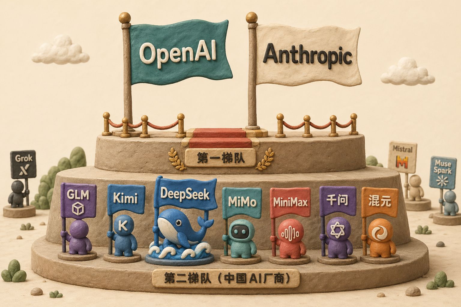 两层阶梯式看台，上层只有OpenAI与Anthropic两面旗帜高悬，下层则站着GLM、Kimi、DeepSeek、MiMo、MiniMax、千问、混元等中国厂商，远处还有Grok、Mistral、Muse Spark徘徊在边缘，羊皮纸，钢笔彩色手绘的统一风格。