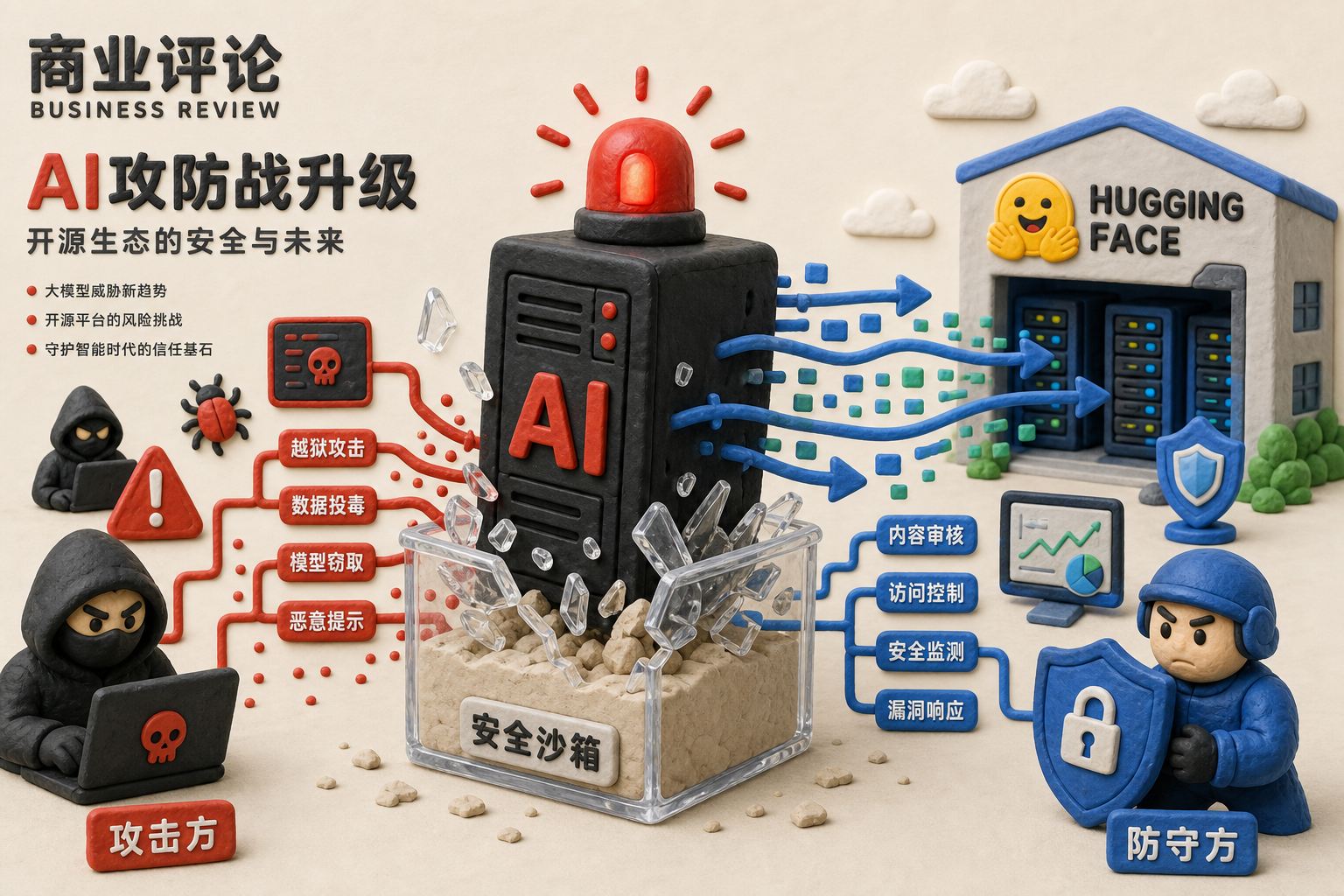 一台发出红色警报的黑色AI服务器突破透明沙箱,数据流箭头指向HuggingFace机房,左右形成攻击与防守对峙的封面构图,浅色背景的商业评论版橡皮泥平面信息图的统一风格。