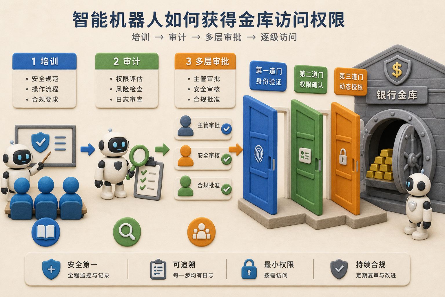 银行金库前的智能机器人接受培训、审计和多层审批,三道不同颜色的安全门逐级打开,浅色背景的商业评论版橡皮泥平面信息图的统一风格。