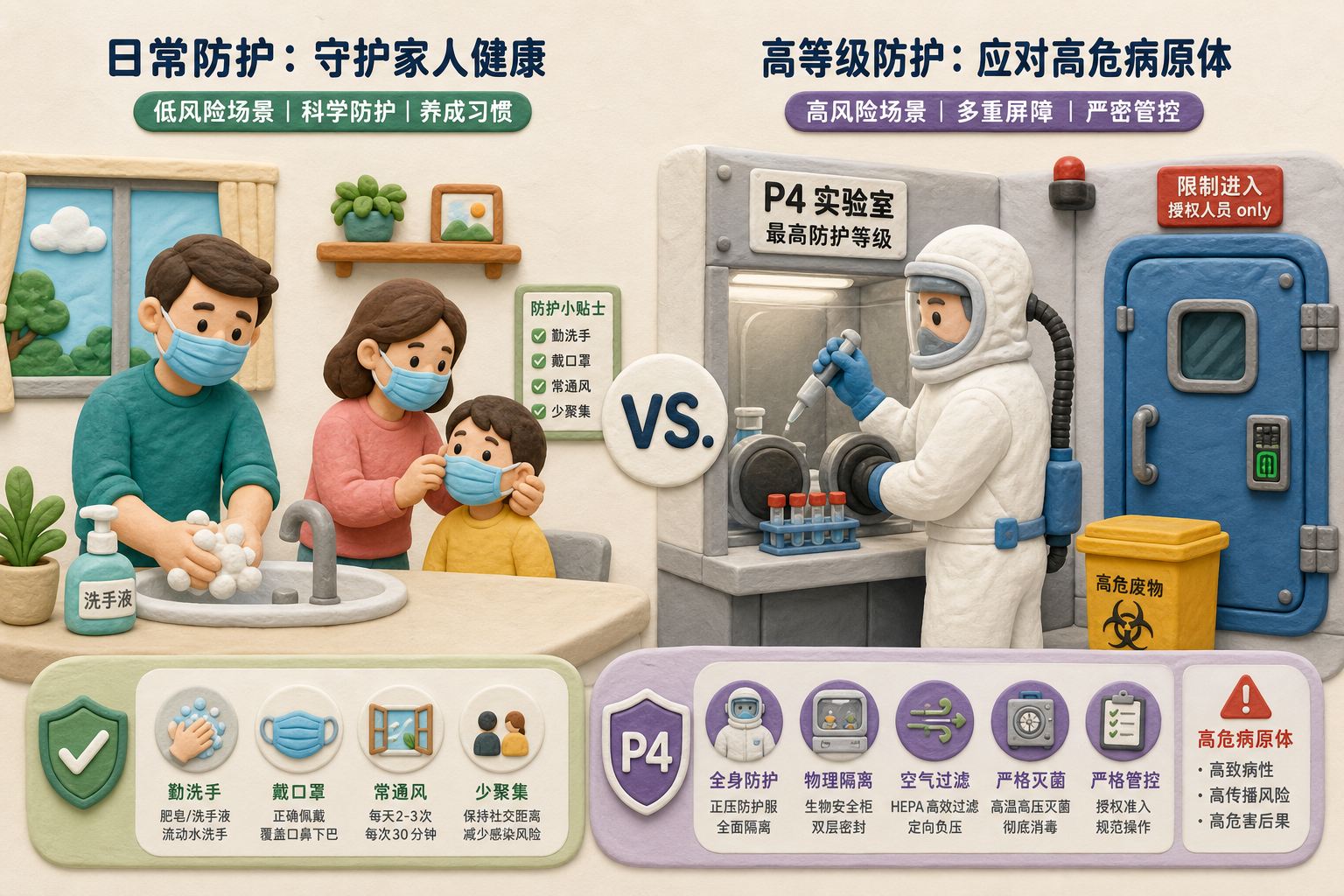 左侧是家庭洗手与口罩的日常防护,右侧是P4病毒实验室与高危病原体,两侧防护等级形成巨大对比,浅色背景的商业评论版橡皮泥平面信息图的统一风格。