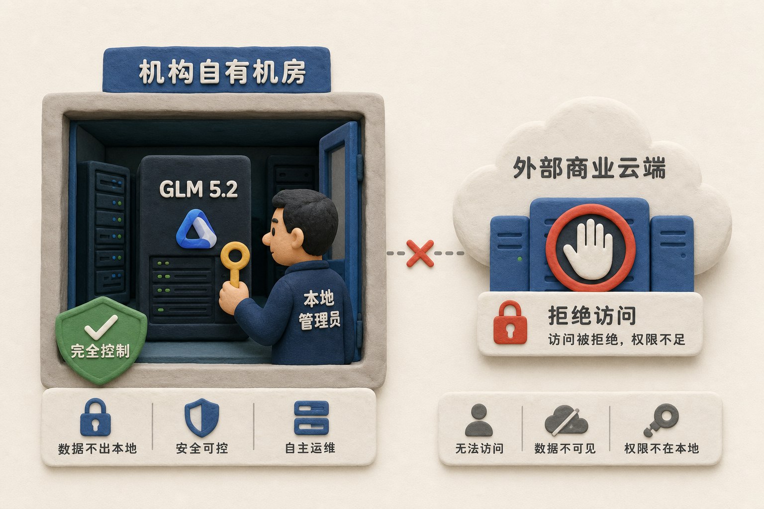 一座机构自有机房中运行GLM 5.2服务器,控制权钥匙握在本地管理员手中,外部商业云端显示拒绝访问,浅色背景的商业评论版橡皮泥平面信息图的统一风格。