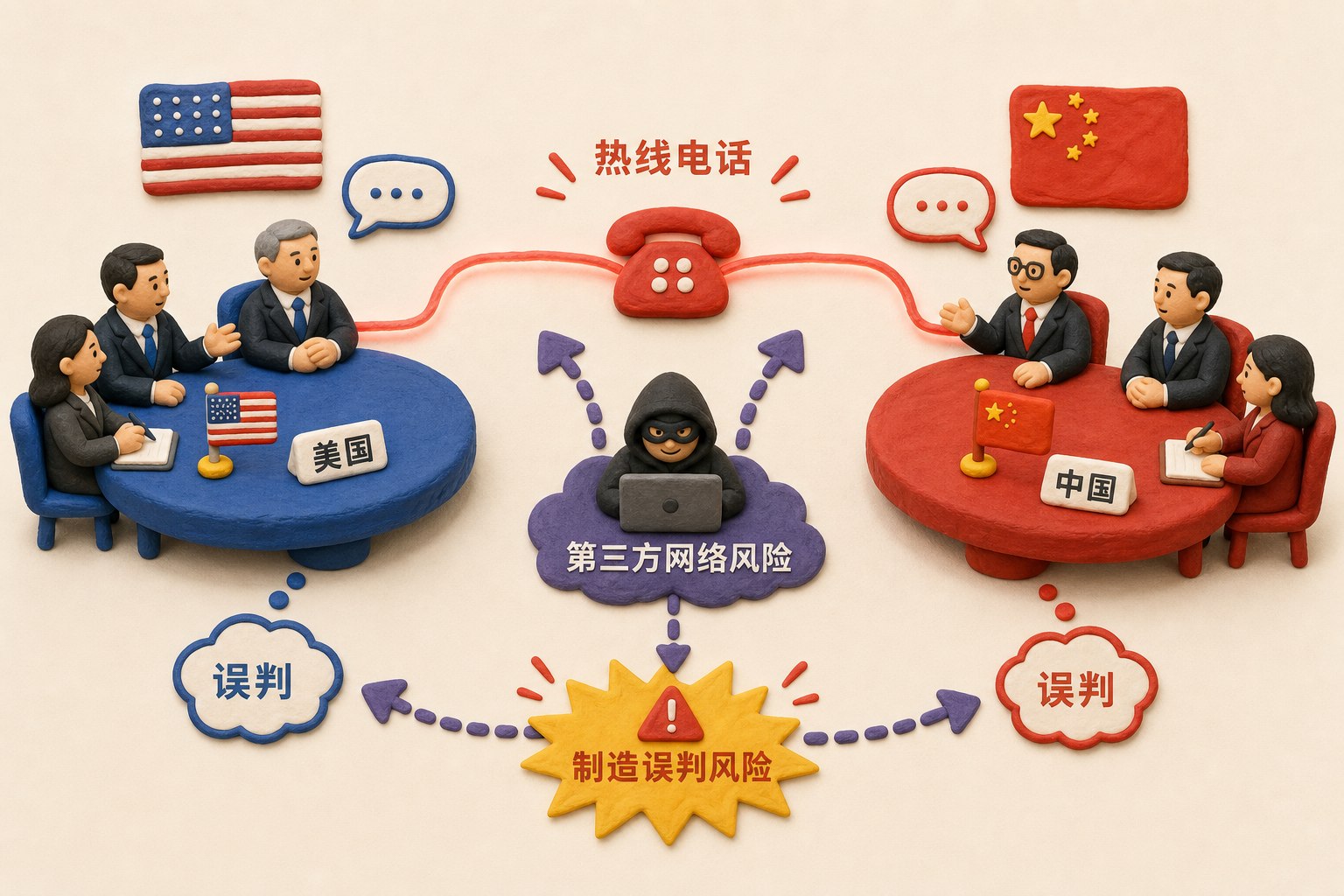 中美两张分开的AI会议桌之间亮起红色热线电话,第三方黑客攻击箭头从中间制造误判风险,浅色背景的商业评论版橡皮泥平面信息图的统一风格。