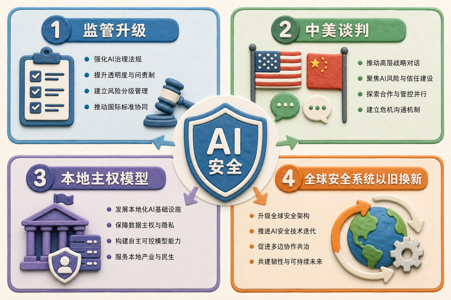 四象限行动清单分别呈现监管升级、中美谈判、本地主权模型、全球安全系统以旧换新,中央是一枚AI安全盾牌,浅色背景的商业评论版橡皮泥平面信息图的统一风格。