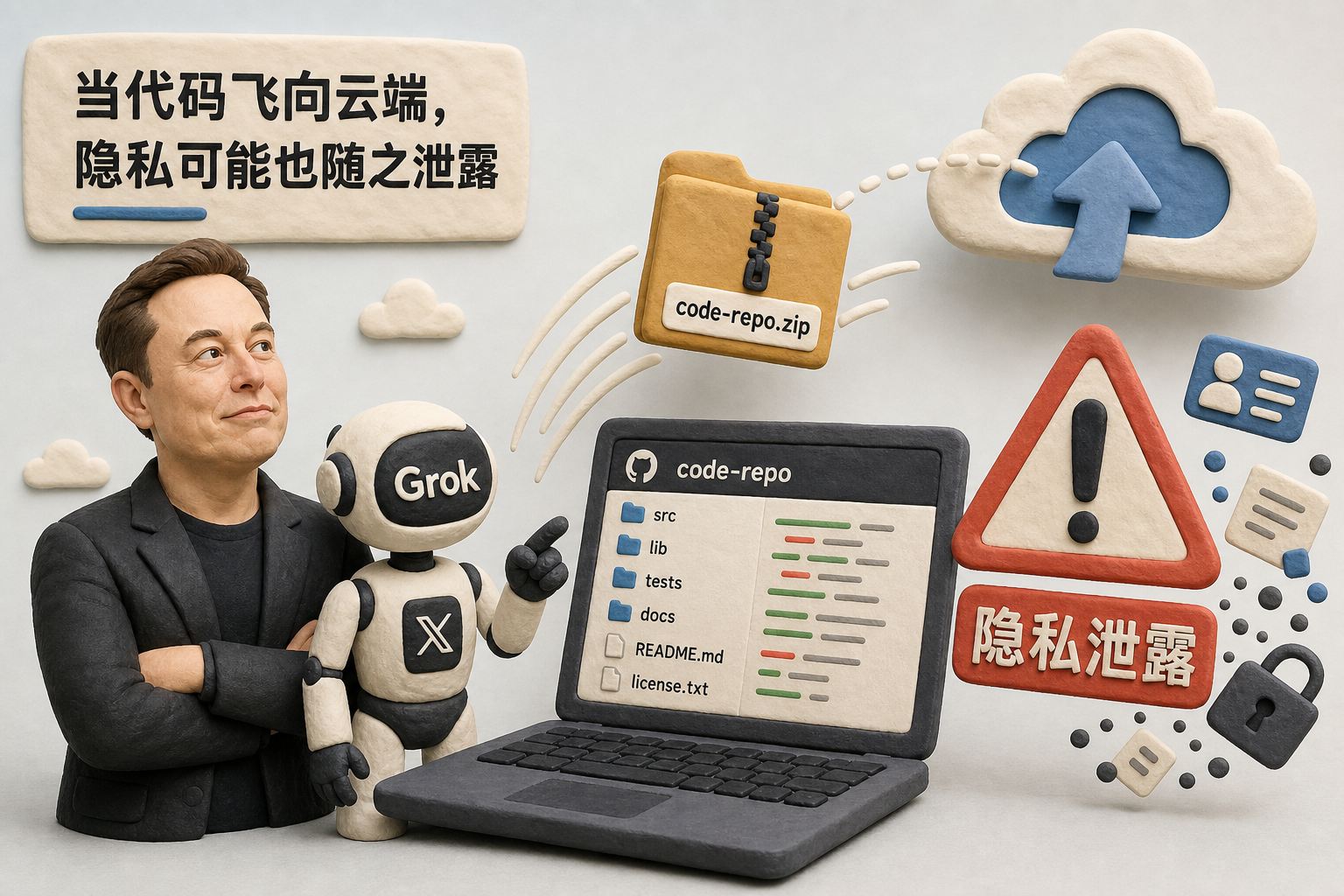 封面图，马斯克与Grok机器人站在一台打开的电脑旁，代码仓库被打包成压缩文件飞向云端，醒目的隐私泄露警示符号，浅色背景的商业评论版橡皮泥平面信息图的统一风格。