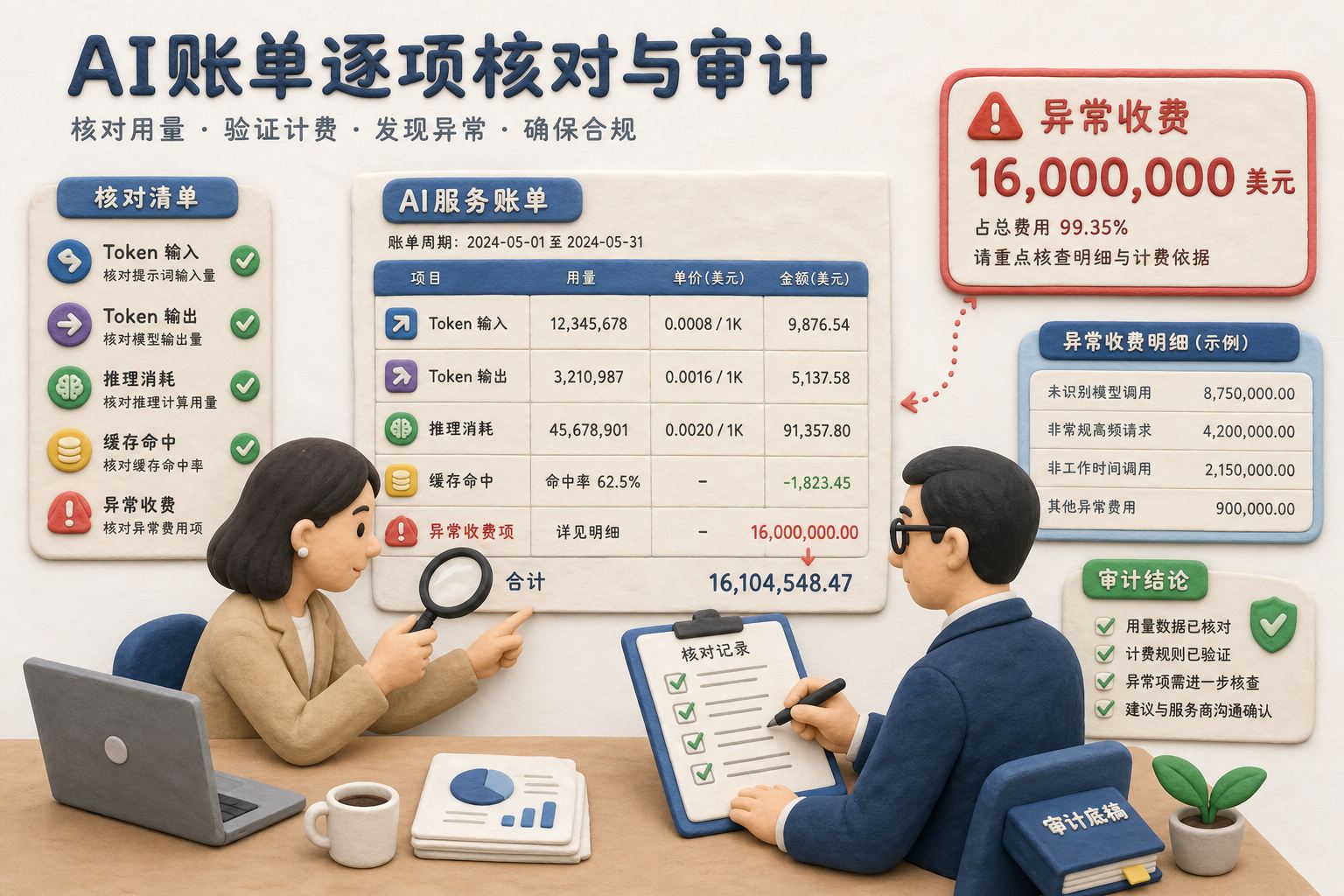 企业财务人员与第三方审计公司逐项核对AI账单，检查Token输入输出、推理消耗、缓存命中和异常的1600万美元收费，浅色背景的商业评论版橡皮泥平面信息图的统一风格。