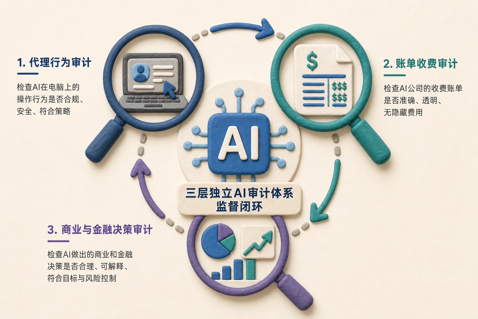 三层独立AI审计体系，分别检查电脑上的代理行为、AI公司的收费账单以及AI做出的商业和金融决策，三只放大镜围绕AI核心形成监督闭环，浅色背景的商业评论版橡皮泥平面信息图的统一风格。