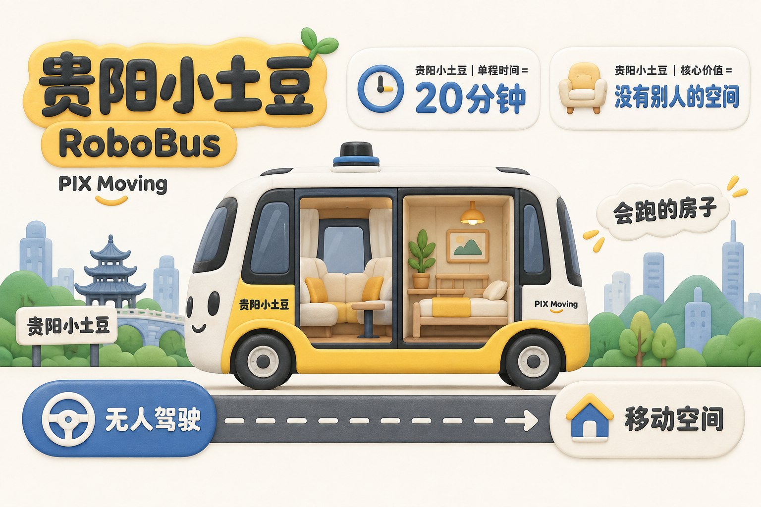 封面以贵阳“小土豆”无人小巴为中心,车体剖面同时呈现软包座椅与房间轮廓,底部道路把“无人驾驶”与“移动空间”两层含义连接起来;可见事实元素:贵阳小土豆、RoboBus、PIX Moving、20分钟、会跑的房子