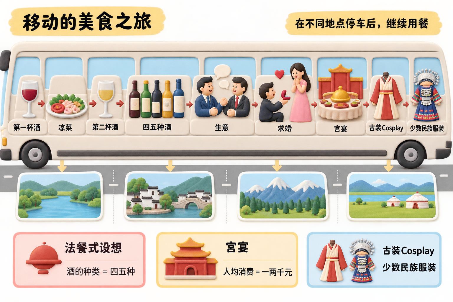 一辆移动空间内部按行程顺序排布酒水、凉菜、商务交谈、求婚与少数民族服装体验图标,窗外用几个平面风景卡片表示在不同地点停车后继续用餐;可见事实元素:第一杯酒、凉菜、第二杯酒、四五种酒、生意、求婚、宫宴、一两千元、古装Cosplay、少数民族服装