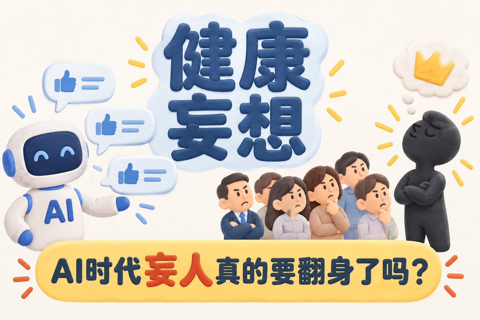 封面画面，中央是“健康妄想”四字，左侧是代表AI的对话框不断递出肯定答复，右侧是站在主流人群对面的妄人剪影，底部以问句呈现争议核心，留出清晰标题区；可见事实元素：主标题“健康妄想”