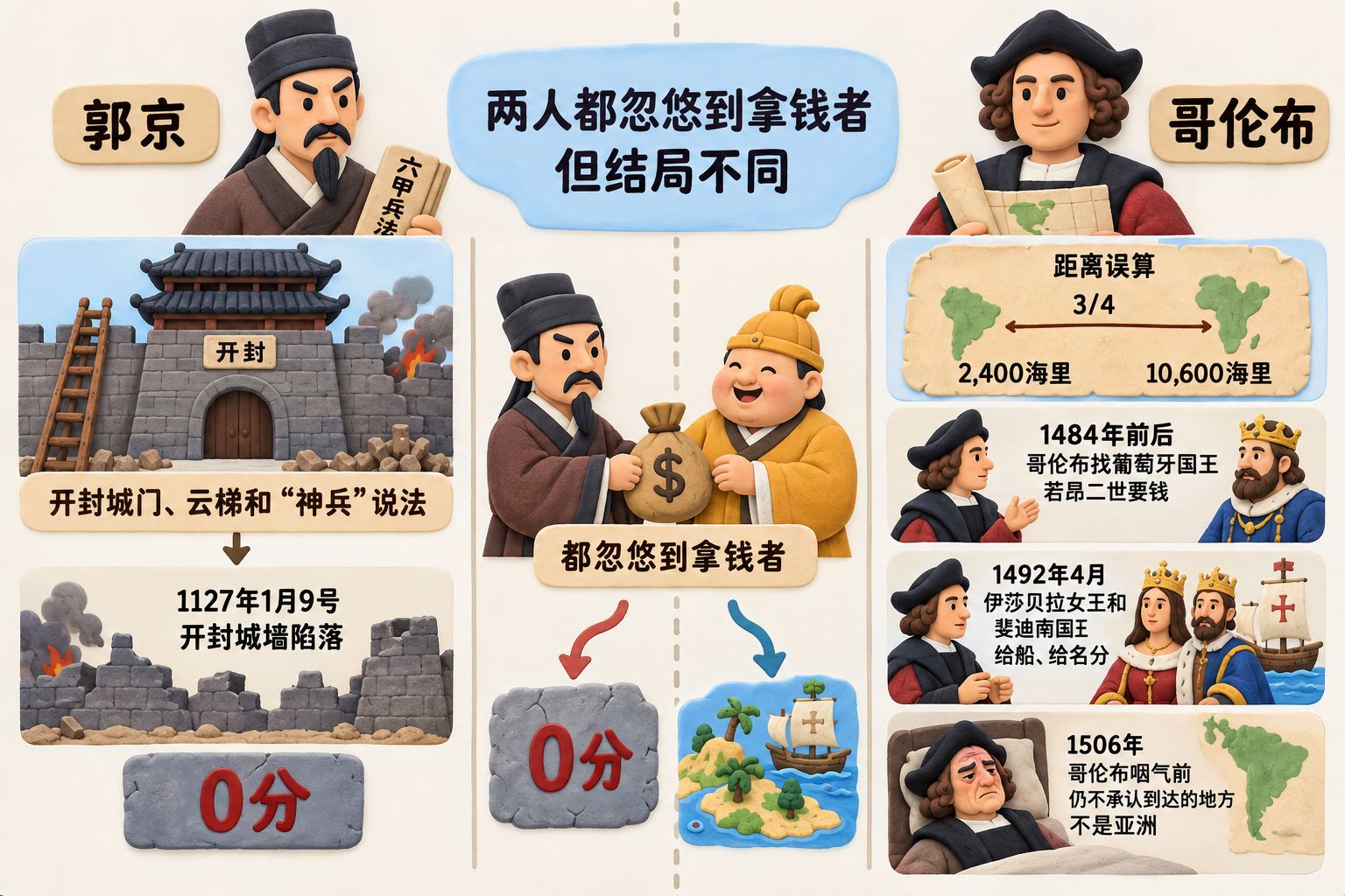 郭京与哥伦布并列时间线,左栏是开封城门、云梯和“神兵”说法的结果,右栏是哥伦布的距离误算、获得船只、抵达美洲后仍认作亚洲;中间标出两人都忽悠到拿钱者,但结局不同