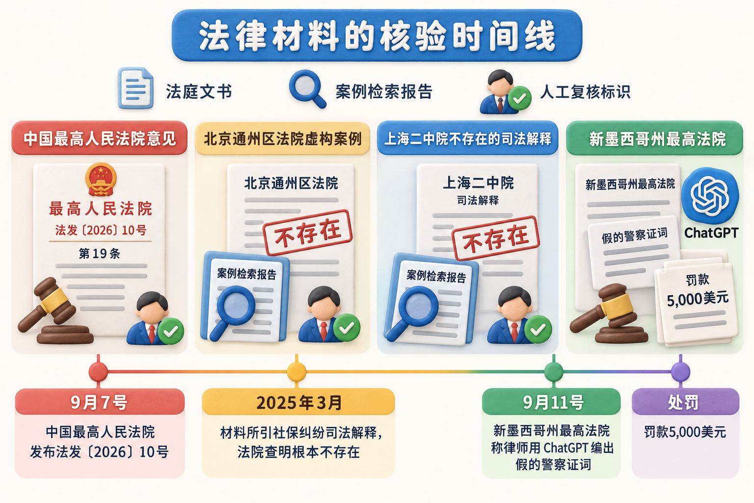 AI生成法律材料的核验时间线,主体是法庭文书、案例检索报告与人工复核标识,依次展示中国最高人民法院意见、北京通州区法院虚构案例、上海二中院不存在的司法解释,以及新墨西哥州最高法院所述假警察证词和罚款;可见事实元素:人工智能辅助、法发〔2026〕10号、第19条、北京通州区法院、上海二中院、ChatGPT、假的警察证词