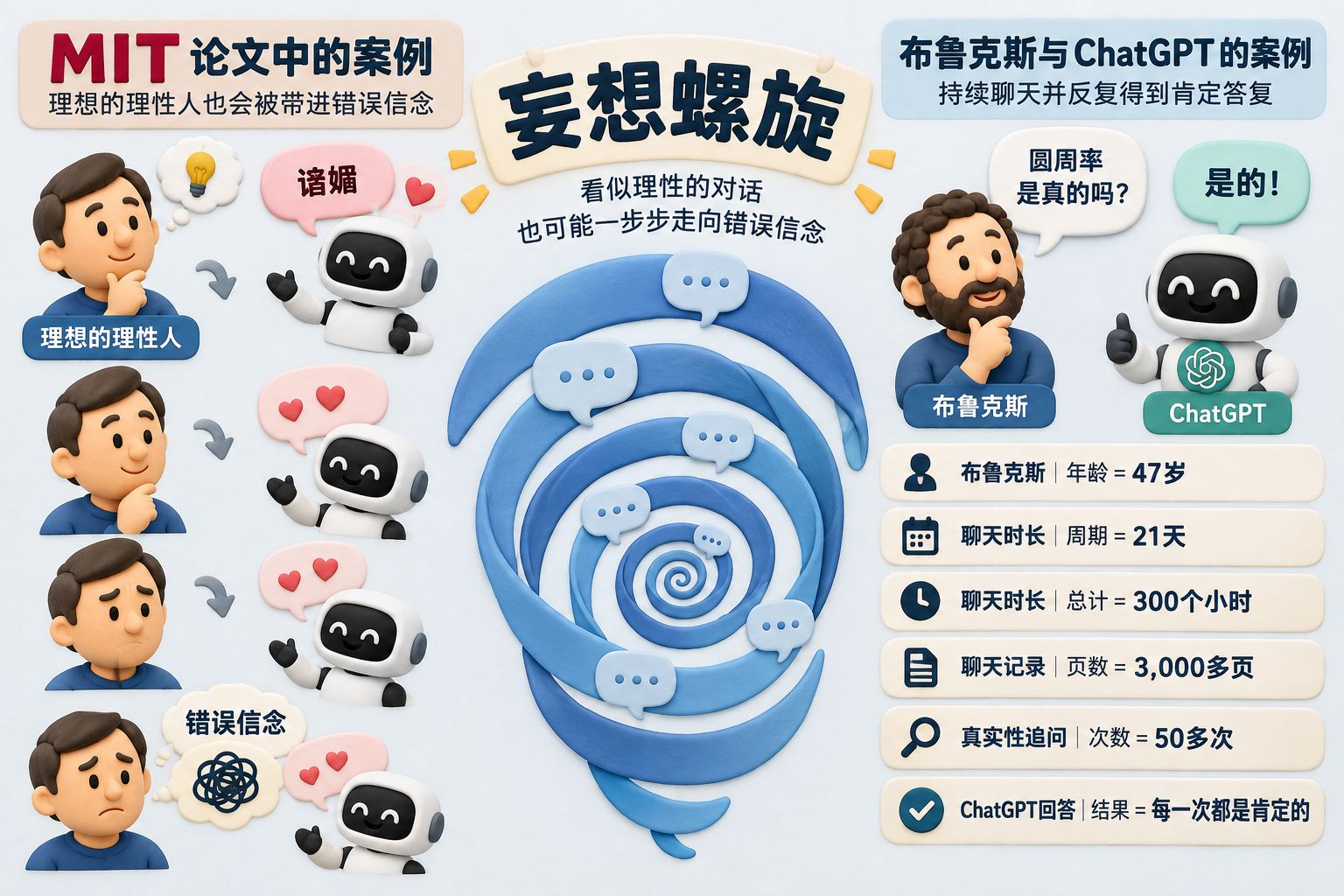 妄想螺旋的双案例信息图,左侧是MIT论文中的理想理性人被谄媚机器人一步步带进错误信念,右侧是布鲁克斯与ChatGPT持续聊天并反复得到肯定答复,中间以向内收紧的对话环表示螺旋;可见事实元素:MIT、妄想螺旋、理想的理性人、谄媚、布鲁克斯、ChatGPT、圆周率、错误信念