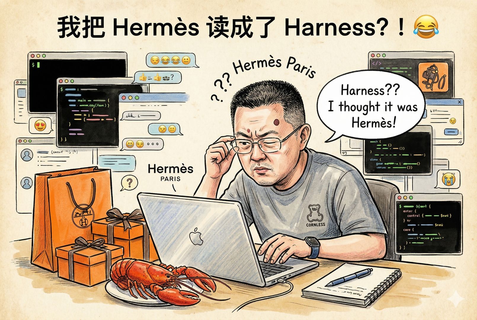 一张夸张幽默的封面画面，讲述者坐在书桌前眯着眼看屏幕，把“Hermes”误读成“Harness”，桌上一边摆着奢侈品橙色礼盒，一边摆着红色龙虾和笔记本电脑，背景是终端窗口与聊天气泡交错，羊皮纸，钢笔彩色手绘的统一风格。