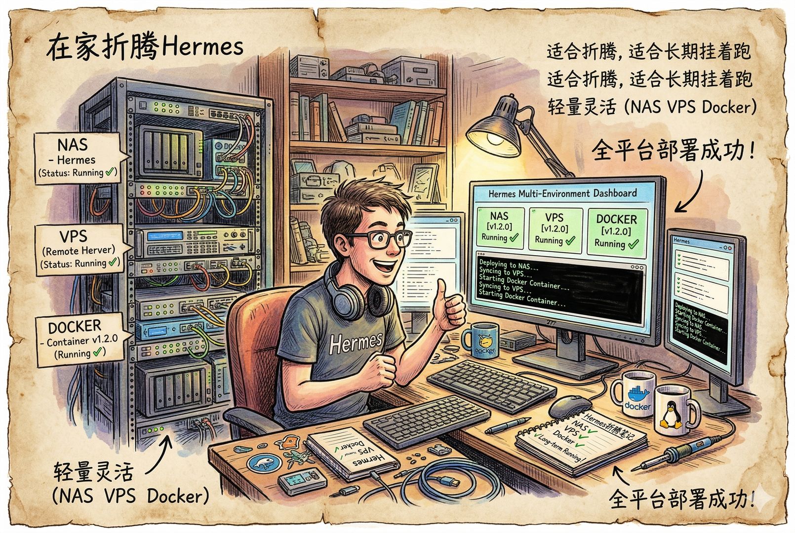 一位技术爱好者在家中机柜前，把 Hermes 部署到 NAS、VPS 和 Docker 容器里，屏幕上多台服务器同时点亮，人物神情轻松兴奋，体现“轻量、适合折腾、适合长期挂着跑”，羊皮纸，钢笔彩色手绘的统一风格。